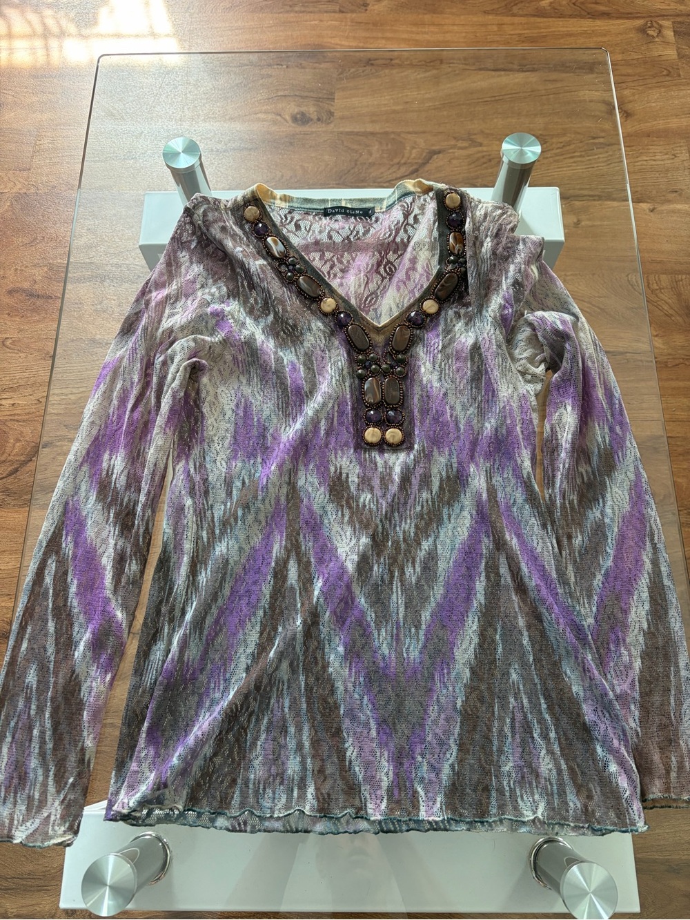 David Cline Purple and Brown Beaded V-Neck Long Sleeve Top
